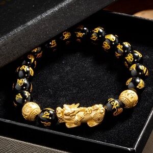 (2) Buddha Power bracelets • Obsidian Boxed Set (Protection Pixiu + Scarab)